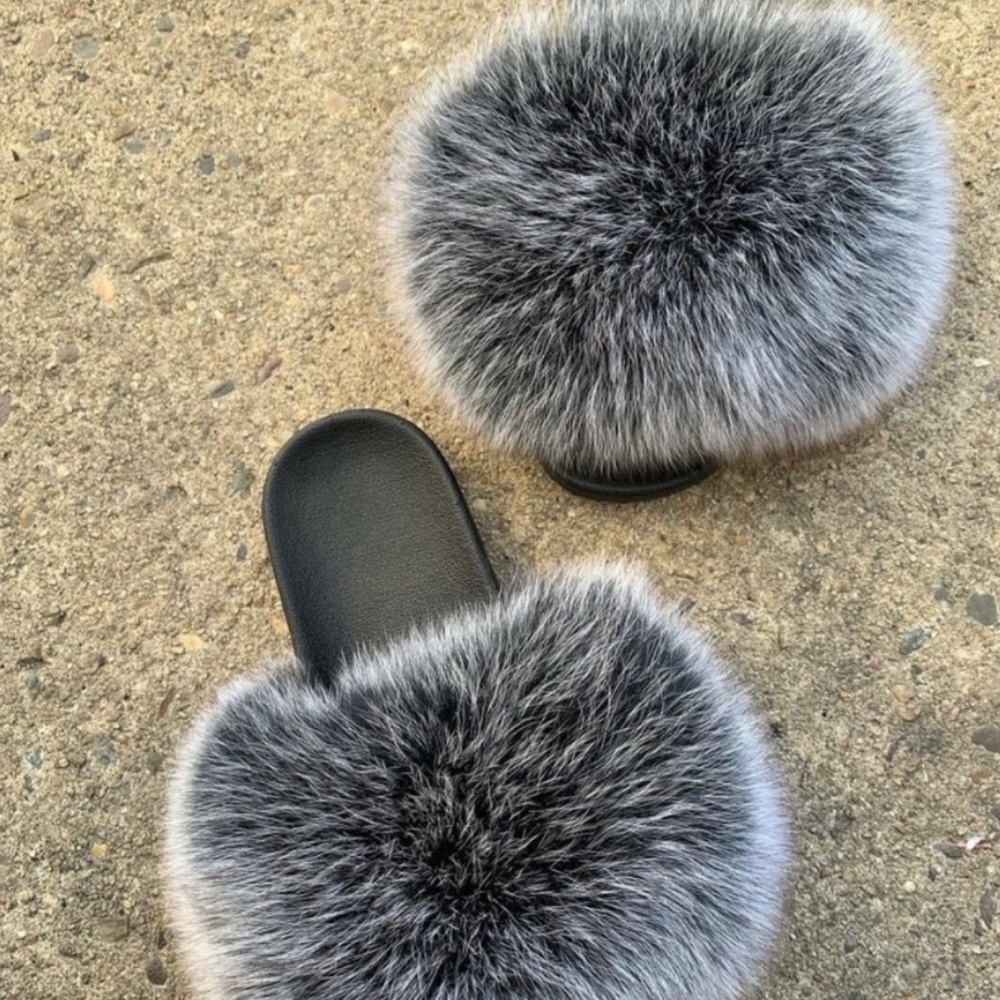 Grey Real Fur Slides 6.5-10 - image 2